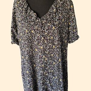 Madewell Floral Mini Dress Size M Black Ditsy Print Ruffle Neck Button Front